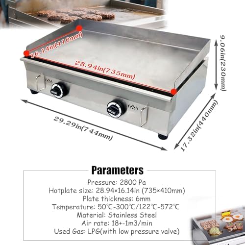 INTSUPERMAI Commercial Grill Griddle LPG Countertop Griddle Flat Top Grill Hot Plate Stove Stainless Steel Teppanyaki Grill Plate Size 28.94×16.14inchfor Restaurant Kitchen Camping Outdoor BBQ 2800Pa - Image 3