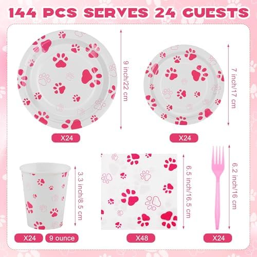 Kochorie 144 Pieces Pink Paw Print Party Tableware Sets Including Disposable Plates Napkins Cups Forks Serves 24 for Dog Puppy Theme Party Supplies - Image 2