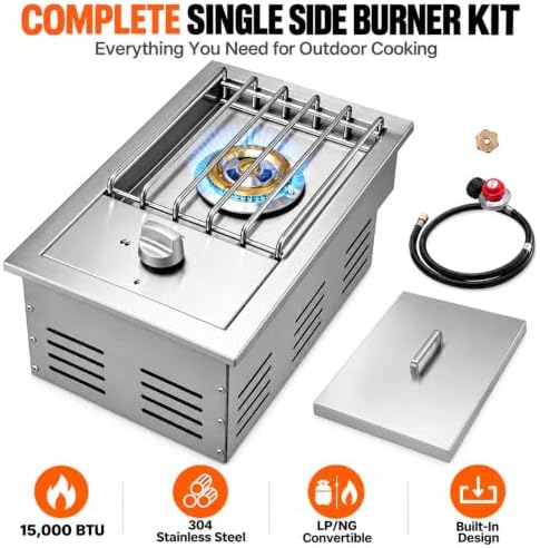 Single Grilling Side Burner for BBQ Grill Island, 15,000 BTU,Liquid Propane Side Burner for Outdoor Kitchen, Convertible to Natural Gas, 304 Stainless Steel - Image 2