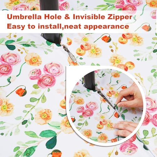 SquarePie Outdoor Tablecloth with Umbrella Hole Rectangle - 60x84 Inch Patio Table Cloth Waterproof Zipper Table Cover for Spring Summer Garden Camping Poolside Picnic BBQS, Rose Floral - Image 2
