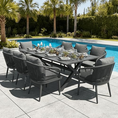 LayinSun 9 Pieces Outdoor Patio Dining Set, Aluminium Rectangular Dining Table and Wicker Rattan Chairs Set for Outside Backyard, Poolside by LayinSun