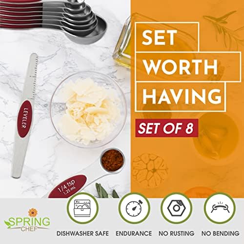 Spring Chef Stainless Steel Magnetic Measuring Spoons Set of 8, Red - Image 3