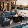 Shintenchi 6 Piece Outdoor Patio Furniture Set with 43 Inch Propane Fire Pit, Washable Cushions, Glass Coffee Table, Waterproof Cover & CSA Certified for Backyard Poolside, Black PE Rattan/Navy Blue by Shintenchi%7CFurnitureMadeforRealLife