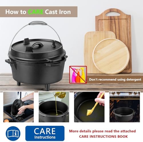 HaSteeL 7 QT Cast Iron Dutch Oven Pot with Lid Lifter & Camping Rack - Image 7