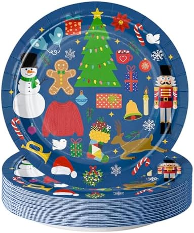 WRAPAHOLIC 25Pcs Christmas Paper Plates - 9 Inch Blue Holiday Party Disposable Plates Decorative Dinner Plates for Christmas Party Tableware Supplies Table Decor by WRAPAHOLIC