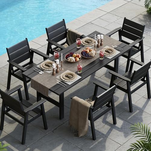 HDPE Outdoor Dining Table and Chairs, 7-Piece Patio Table and Chairs Set, Outdoor Dining Set for 6, All-Weather Dining Furniture Set with Umbrella Hole, Black by Polyhouz