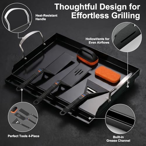 17 x 13 in Pre-seasoned Cast Iron Griddle for Gas Grill, Nano Ceramic Nonstick Flat Top Grill Plate with 5-Piece Tool Kit, Grease Groove, High Sidewalls, Handles, for Charcoal, Stove Top, Camping - Image 4