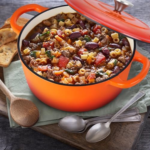 E-far 3 Qt Enameled Cast Iron Dutch Oven with Lid, Small Round Nonstick Dutch Oven Pot for Bread Baking Braising Stews Roasting Cooking, Heavy Duty, Induction & Oven Safe - Orange - Image 6