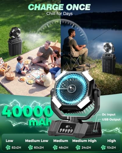 40000mAh Misting Fans for Outside, 15L Portable Outdoor Cooling Fan with Auto Oscillation, LED Light, Timer, Rechargeable Battery Powered Mister Fan for Camping, Beach, Patio - Image 4