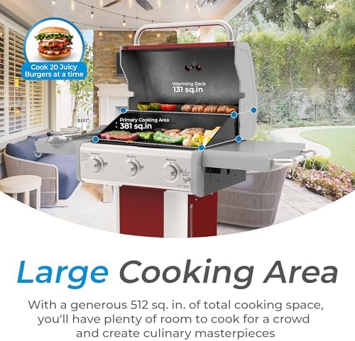 Kenmore 3-Burner Outdoor BBQ Grill | Liquid Propane Barbecue Gas Grill with Folding Sides, PG-A4030400LD-RD, Pedestal Grill with Wheels, 30000 BTU, Red - Image 3