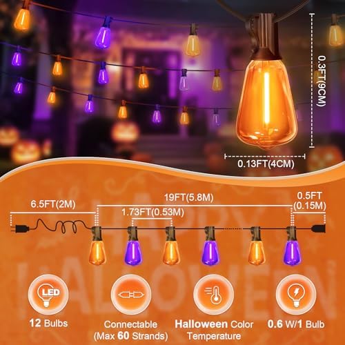 Orange purple Outdoor halloween String Lights ,26FT ST38 LED Patio Lights with 12+1 Shatterproof Edison Bulbs,UL Waterproof Connectable Outside Hanging Lights for Backyard Porch Christmas Party Decor - Image 3