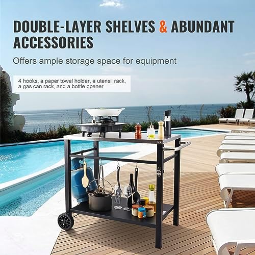 VEVOR Outdoor Grill Cart with Double-Shelf, BBQ Movable Food Prep Table with PVC Placemat, Black Iron Table Top, Portable Modular Carts for Pizza Oven, Worktable with 2 Wheels, Carry Handle - Image 4