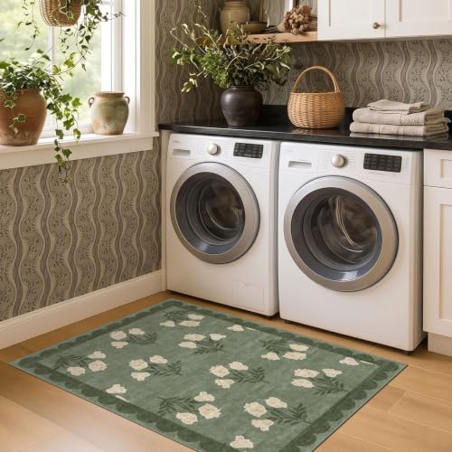 3x4 Floral Entry Rug - Small Washable Indoor Outdoor Mats for Front Door Non-Slip Spring Porch Rug Sage Green Farmhouse Throw Rugs for Living Room Bedroom Entryway Kitchen Office Porch Decor - Image 5