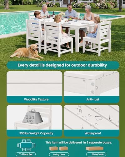 SERWALL Armless Outdoor Dining Set, Patio Dining Set for 6, White - Image 6