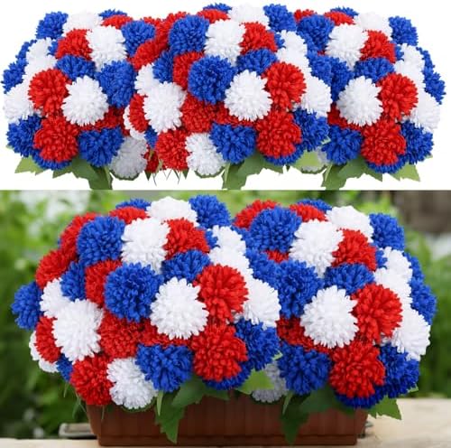 XunYee 12 Pcs Red White Blue Artificial Flowers for Outdoor,Faux Mums by XunYee