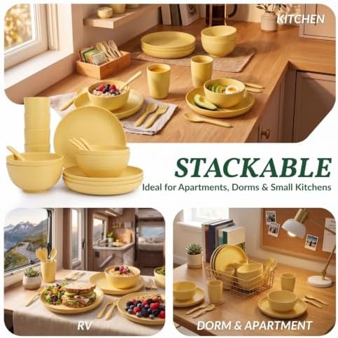 Wheat Straw Dinnerware Sets, Homienly 20pcs Unbreakable Microwave Dishwasher Safe Tableware Lightweight Bowls, Cups, Plates Set Reusable Dinner Plates Bowls set (Yellow) - Image 6
