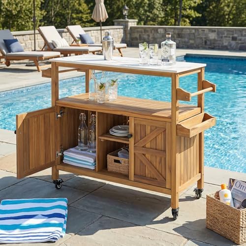 Christopher Knight Home Shina Outdoor Bar Cart with Marble-Effect Top + Lockable Wheels, Acacia Wood Outdoor Storage Cabinet with Open Shelves and 2 Doors, Kitchen Island Serving Cart, Natural - Image 6