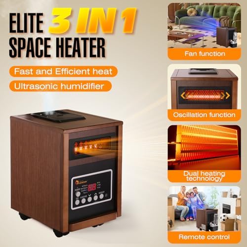 DR. INFRARED HEATER DR-998, 1500W Dual Heating Infrared Space Heater with Humidifier, Oscillation, Remote Control, Thermostat & Safety Protection, Portable with Wheels, Energy Efficient, Walnut - Image 2