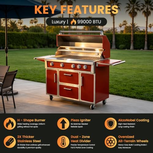 49" Red Stainless Steel Grill, 4 Burners & Infrared Burner, Natural Gas - Image 4