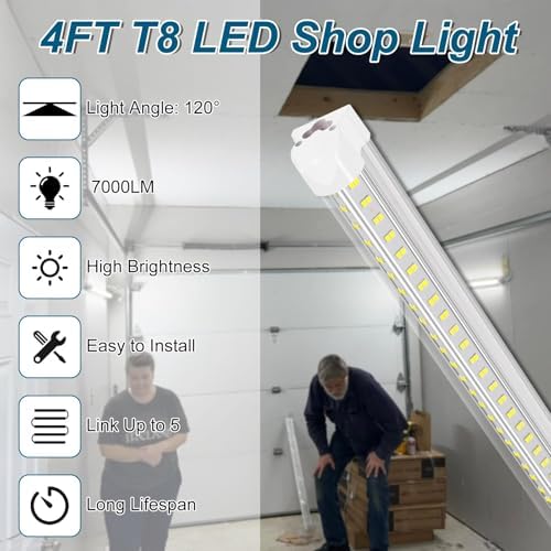 Led Shop Lights,Led Shop Lights 4FT 50W 6500K 7000LM Clear White,Shop Light 4FT 110V Linkable Integrated V-Shape for Shop Garage,Warehouse,Workbench and Workshop Commercial Bay Lighting(8-Pack) - Image 2