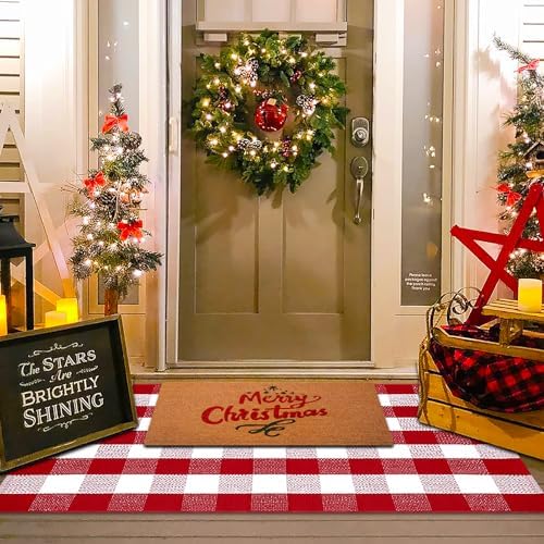 Christmas Red and White Plaid Door Mat, 3' x 5'Cotton Hand-Woven Layered Entry Mat for Front Porch, Entryway, Outdoor Holiday Decor, Washable Buffalo Check Doormat for Home, Patio, Kitchen - Image 2