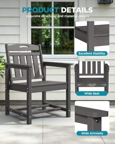 Ciokea HDPE Outdoor Patio Dining Chairs Set of 2, All-Weather, Grey - Image 5