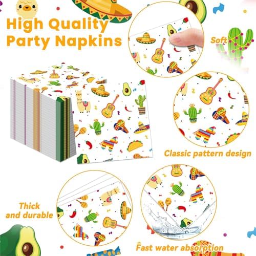 96 Pcs Mexican Fiesta Paper Plates and Napkins Taco Fiesta Party Supplies Mexican Themed De Mayo Dessert Tableware Set Dia De Los Muertos Colorful Themed Party Favors Baby Shower - Image 4