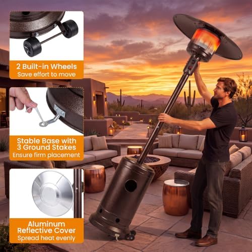 COSTWAY Outdoor Patio Heater, 47476 BTU Propane Heater with Stainless Steel Burner and Wheels, Triple Protection System, Standing Portable Outside Heater for Porch, Deck, Home and Commercial, Bronze - Image 4