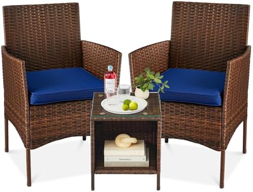 Best Choice Products 3-Piece Outdoor Wicker Conversation Bistro Set, Space Saving Patio Furniture for Garden w/Side Table - Brown/Navy by BestChoiceProducts