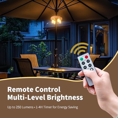 Wood Grain Patio Umbrella Light with Remote Control, Rechargeable Cordless LED Edison Bulbs Pole Light with 10 Brightness Levels for Garden, Patio, Backyard, Camping or BBQ (2 Pack) - Image 4