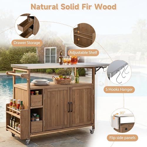 Christopher Knight Home Edsel Outdoor Bar Cart with Stainless Steel Top and Lockable Wheels, Solid Wood Outdoor Storage Cabinet, Kitchen Island Serving Cart for Poolside, Garden, Natural Brown+Silver - Image 3