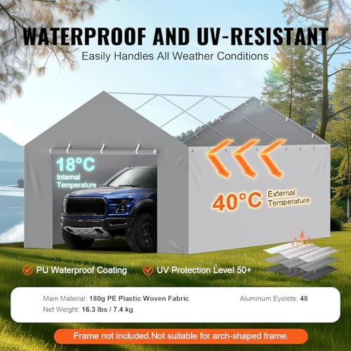 VEVOR Carport Replacement Canopy Cover Side Wall 12 x 20 ft, Garage Tent Shelter Tarp Heavy-Duty Waterproof & UV Protected, Easy Installation with Ball Bungees,Grey (Top and Frame Not Included) - Image 3