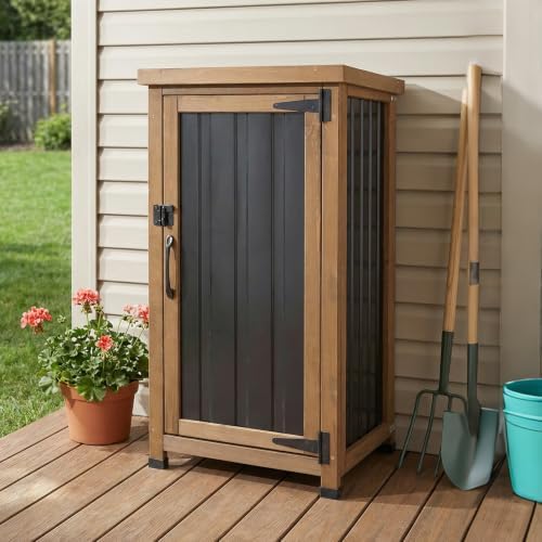 PetsCosset Small Outdoor Storage Cabinet Waterproof with Metal Top, Wood & Metal Outside Potting Bench Table Tool Organizer with Adjustable Shelf for Patio Backyard Garden by PETSCOSSET