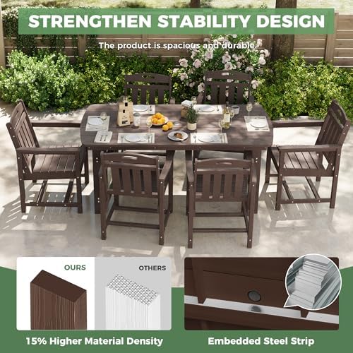 HDPE Outdoor Patio Dining Set with Table & 6 Chairs, All-Weather 7-Piece Outdoor Table and Chairs, 2" Umbrella Hole, Patio Furniture for Garden, Backyard, Deck | Brown - Image 4