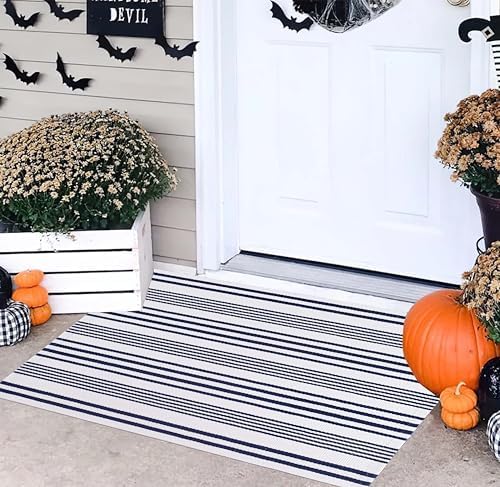 Blue and White Striped Outdoor Rug 24"x35"Washable Door Mat Outdoor by BUAGETUP