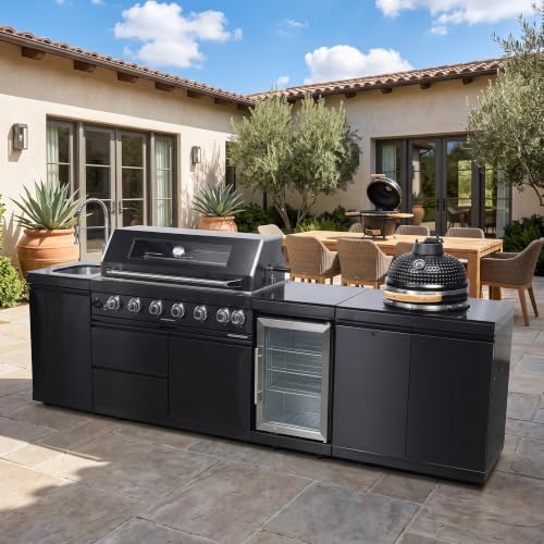 115'' LPG Outdoor Kitchen Island with Grill, 85000 BTU, 6-Burner, Black by Unknown