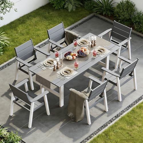 Outdoor Dining Set for 6, 7-Piece Patio Table and Chairs Set, HDPE Outdoor Dining Table and Chairs with Umbrella Hole, All-Weather Dining Furniture Set,White Grey - Image 7