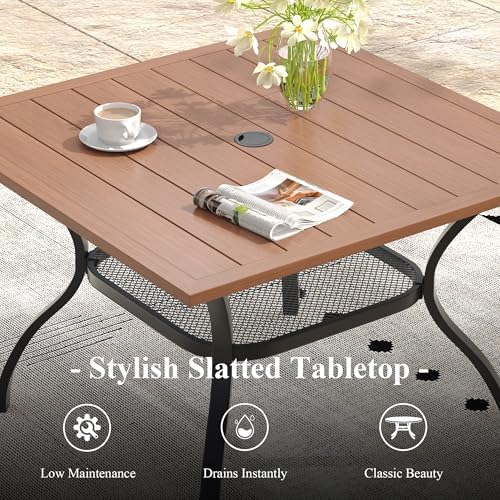 Outdoor Dining Table with Adjustable Umbrella Hole, 37.8" All-Weather Square Patio Dining Table for 4, Metal Patio Table for Garden Lawn Porch Deck Yard, Walnut - Image 5