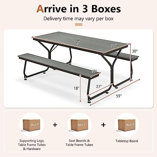HAPPYGRILL Outdoor Picnic Table Bench Set, 2450 LBS Capacity Dining Table with 2 Benches for 6-8 People, Heavy Duty Metal Frame Picnic Table with HDPE Tabletop & Umbrella Hole for Patio Garden Yard - Image 2