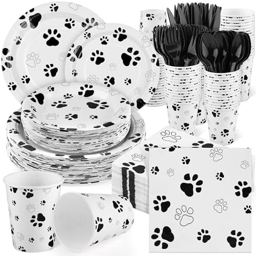 Kochorie 400 Pieces Black Paw Disposable Party Tableware Sets Dog Puppy Supplies Including Plates Cups Napkins Cutlery Serves 50 for Birthday Puppy Theme Party Decorations by Kochorie