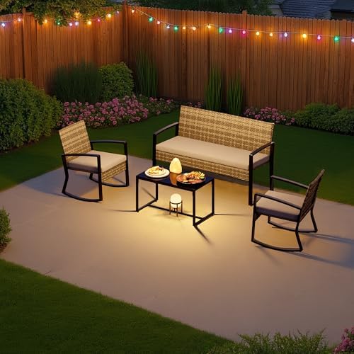 Ahomly 4 Piece Outdoor Furniture Set with Rocking Chairs, Light Grey - Image 4