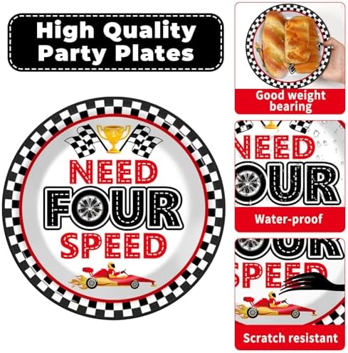 96Pcs Racing Car 4th Birthday Party Paper Plates and Napkins for Need Four Speeed Dessert Cake Plate Disposable Decor Racing Checkered Flag Tableware for Boy Kids Race Car 4 Years Birthday Decorations - Image 3