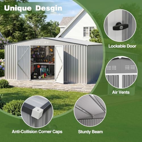 14 x 12 FT Outdoor Storage Shed, Heavy-Duty Galvanized Steel Tool Shed with Reinforced Frame, 2Magnetic Light, Lockable Double Door & Side Vents for Backyard Large Equipment, Gray - Image 6