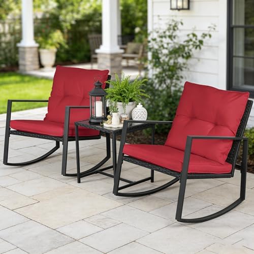 SUNCROWN 3 Piece Outdoor Rocking Bistro Set Black Wicker Furniture Porch Chairs Conversation Sets with Glass Coffee Table, Red - Image 3