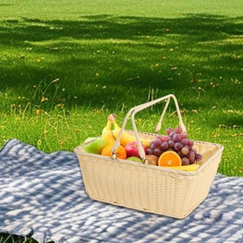Outdoor PP Woven Picnic Basket Organizer Multipurpose Decor Sturdy Easy to Clean with Handle for Dining Table Home Snack- 40cmx30cmx18cm - Image 2