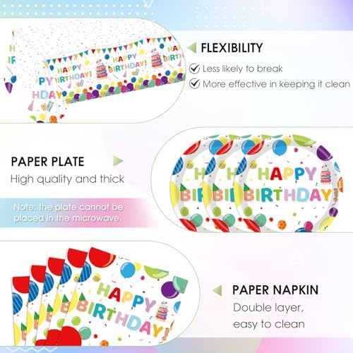 41Pcs Happy Birthday Decorations Colorful Birthday Party Supplies Set Rainbow Color Balloons Design Happy Birthday Paper Plates Napkins Tablecloth丨Birthday Decorations for Boys Girls Kids,Serve 20 - Image 3