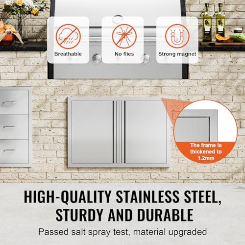 VEVOR BBQ Access Door, 30.5W x 21H Inch Double Outdoor Kitchen, Stainless Steel Flush Mount, Wall Vertical with Recessed Handles, for BBQ Island, Grilling Station, Outside Cabinet - Image 3