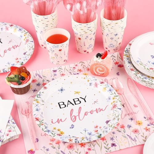 Kochorie 175 Pieces Wildflower Spring Floral Party Supplies Baby in Bloom Tableware Set 7 Inch & 9 Inch Paper Plates Napkins Cups Cutlery for Spring Picnic Baby Shower Decoration, Serve 25 Guests - Image 5