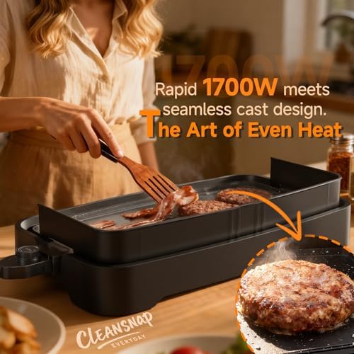 Cleansnap Everyday Electric Griddle, 20” Nonstick Grill with Foldable Anti-Mess Shield, 1700W Fast Heating, ILAG Ultimate Coating, Dishwasher-Safe Removable Plate, Midnight Black - Image 5