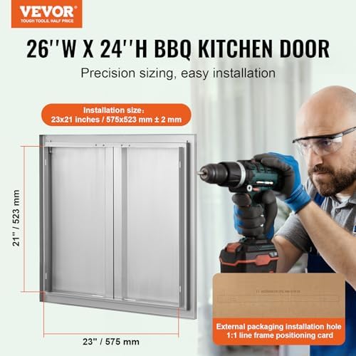 VEVOR BBQ Double Outdoor Kitchen Door, 26W x 24H Inch, Stainless Steel Flush Mount, Vertical Wall Door with Recessed Handles, for Grilling Station - Image 2